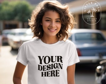 White | Bella Canvas 3001Y Mockup | Youth TShirt Mockup | Girls 3001 Tshirt Mock | School Outdoor Youth T-Shirt Mock up | Unisex Tshirt
