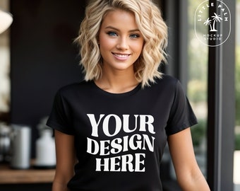 Black Gildan 64000 Mockup | Gildan Tshirt Mock up | Black Crewneck Shirt Mock | Gildan G640 model | Casual Neutral Indoor Boho Chic Mockup