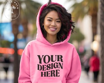 Safety Pink Gildan 18500 Hoodie Mockup | G185 Hooded Sweatshirt Mock-up | Womens Sweatshirt Mockup | Outdoor Lifestyle Gildan 18500 Mocks
