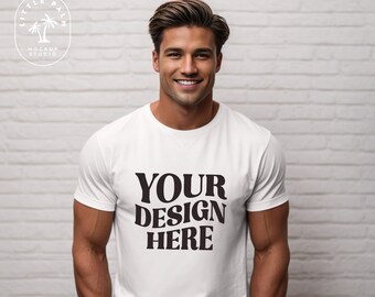 White | Bella Canvas 3001 Mockup | TShirt Mockup | Front Mock | Mens  Mens White 3001 Tshirt Mock | Male Model Mockup | Casual Photoshoot