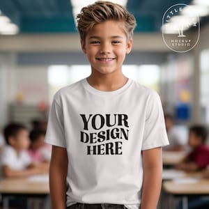White | Bella Canvas 3001Y Mockup | Youth TShirt Mockup | Boys 3001 shirt Mock | School Classroom Youth T-Shirt Mock up | Unisex Tshirt