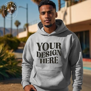Sport Grey Gildan 18500 Hoodie Mockup | Male G185 Hooded Sweatshirt Mock-up | Mens Sweatshirt Mockup | Outdoor Lifestyle Gildan 18500 Mocks