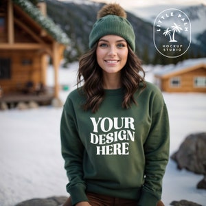 Military Green Gildan 18000 Mockup | Gildan Sweater Mockup | Sweatshirt Mockup | G180 Mockup | Christmas Mockup | Winter Mountain Mockup
