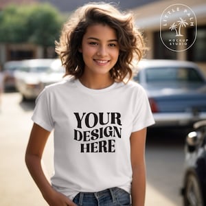 White | Bella Canvas 3001Y Mockup | Youth TShirt Mockup | Girls 3001 Tshirt Mock | School Outdoor Youth T-Shirt Mock up | Unisex Tshirt