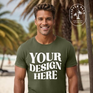 Military Green | Bella Canvas 3001 Mockup | TShirt Mockup | Front Mockup | Mens 3001 Tshirt Mockup | Outdoors Beach | Casual Basic | Green