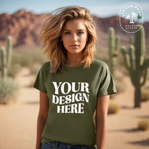 Military Green Gildan 64000 Mockup | Gildan Tshirt Mock up | Green Crewneck Shirt Mock | Gildan G640 | Casual Western Mockup | Summer Desert