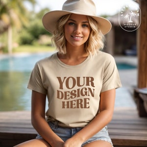 Sand Gildan 64000 Mockup | Gildan Tshirt Mock up | Sand Crewneck Shirt Mock | Gildan G640 | Casual Model Mock | Outdoor Nature Beige Tan