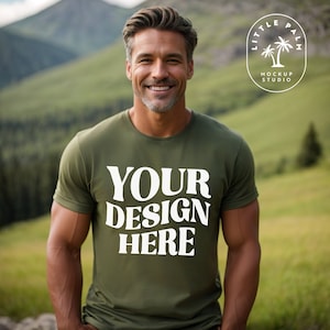 Military Green | Bella Canvas 3001 Mockup | TShirt Mockup | Front Mockup | Mens 3001 Tshirt Mockup | Mountain Setting | Casual Basic | Green