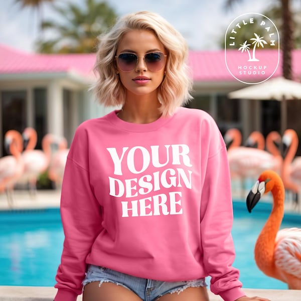 Safety Pink Gildan 18000 Sweatshirt Mockup | Womens Gildan Sweater Mockup | G180 Mockup | Summer Time | Pool Party | Lifestyle | Retro 90s |