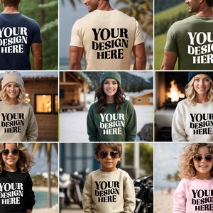 May include: A mockup of a family wearing various color t-shirts and sweatshirts with the text "YOUR DESIGN HERE" printed on the front. The family is standing in different outdoor settings.