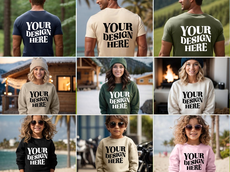 May include: A mockup of a family wearing various color t-shirts and sweatshirts with the text "YOUR DESIGN HERE" printed on the front. The family is standing in different outdoor settings.
