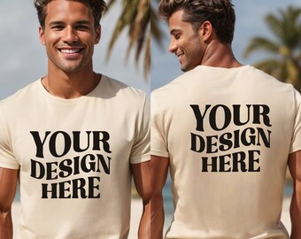 Natuurlijk | Bella Canvas 3001 model | T-shirt bespotten | Gesplitste weergave | Heren t-shirt mock | Buiten strand | Zomerse vibes | Casual basisman
