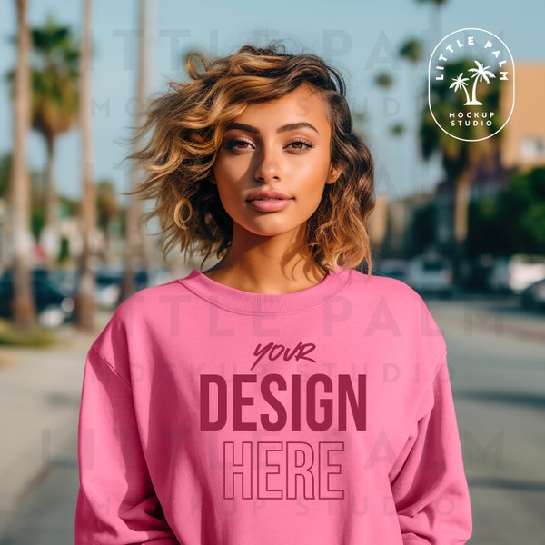 Safety Pink Gildan 18000 Sweatshirt Mockup | Gildan Mockup | G180 Mockup | Street Mockup | Palm Tree Vibe | Summer Vibes | Beach Vibes | LA