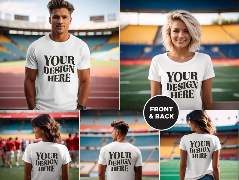 May include: A white t-shirt mockup with the text "YOUR DESIGN HERE" on the front and back. The shirt is being worn by a person in a stadium setting.