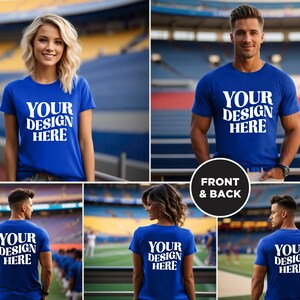May include: A blue t-shirt mockup with the text "YOUR DESIGN HERE" on the front and back. The shirt is being modeled by two people in a stadium setting.