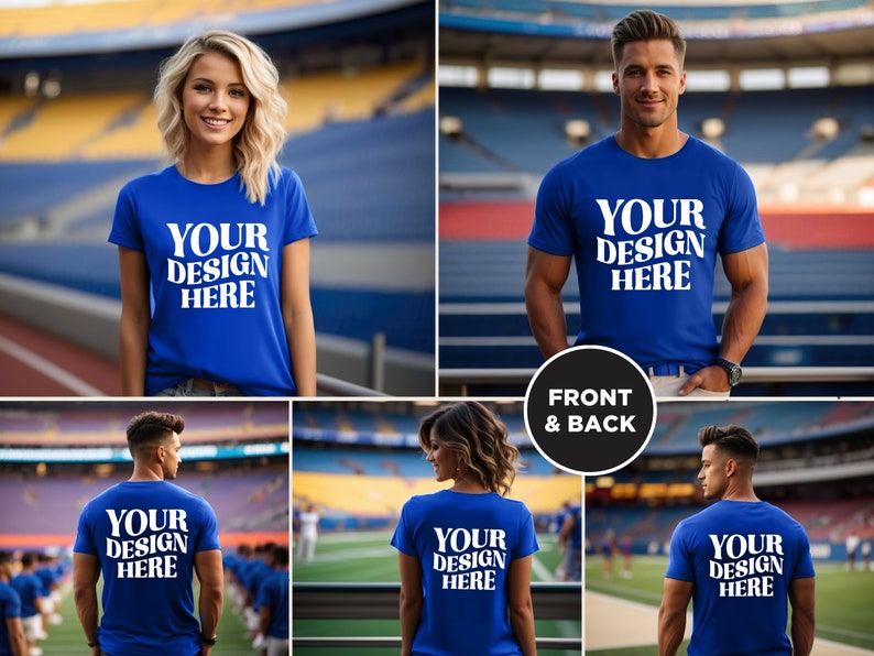 May include: A blue t-shirt mockup with the text "YOUR DESIGN HERE" on the front and back. The shirt is being modeled by two people in a stadium setting.