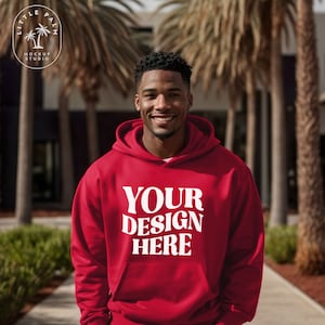 Red Gildan 18500 Hoodie Mockup | Male G185 Hooded Sweatshirt Mock-up | Mens Sweatshirt Mockup | Guys Outdoor Lifestyle Gildan 18500 Mocks
