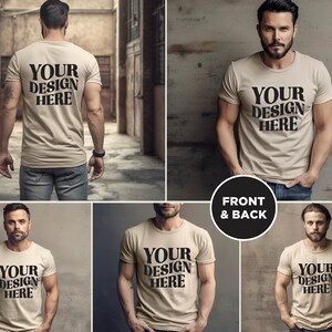 May include: A mockup of a beige t-shirt with the text "YOUR DESIGN HERE" printed on the front and back. The t-shirt is being modeled by a person in a variety of poses.