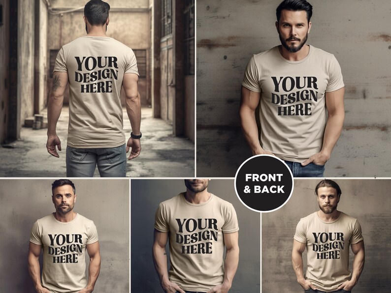 May include: A mockup of a beige t-shirt with the text "YOUR DESIGN HERE" printed on the front and back. The t-shirt is being modeled by a person in a variety of poses.
