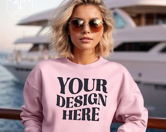 Light Pink Gildan 18000 Mockup | G180 Womens Sweatshirt Mockup | Gildan Crewneck Mock up | Nautical Summer Luxury Travel Lifestyle Mockup