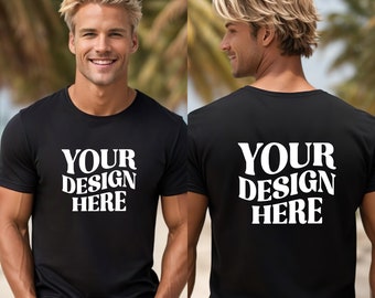 Zwart | Bella Canvas 3001 model | T-shirt bespotten | Gesplitste weergave | Heren t-shirt mockup | Buiten strand | Zomerse vibes | Casual basismodel