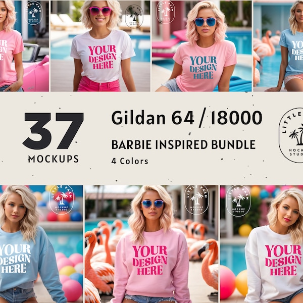 Gildan 18000 & 64000 Mockup Bundle | Gildan Mockup | Barbie Inspired Mockup |  Lifestyle | Summer | Pool Beach Vibes | Pink Blue White | Fun