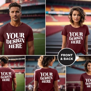 May include: A maroon t-shirt mockup with the text "YOUR DESIGN HERE" printed on the front and back. The shirt is shown on a male and female model in a stadium setting.