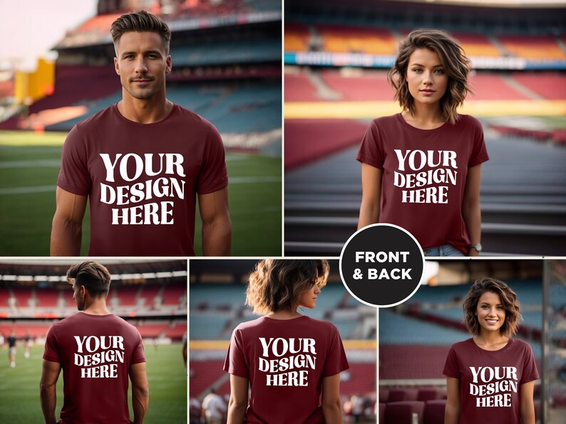 May include: A maroon t-shirt mockup with the text "YOUR DESIGN HERE" printed on the front and back. The shirt is shown on a male and female model in a stadium setting.