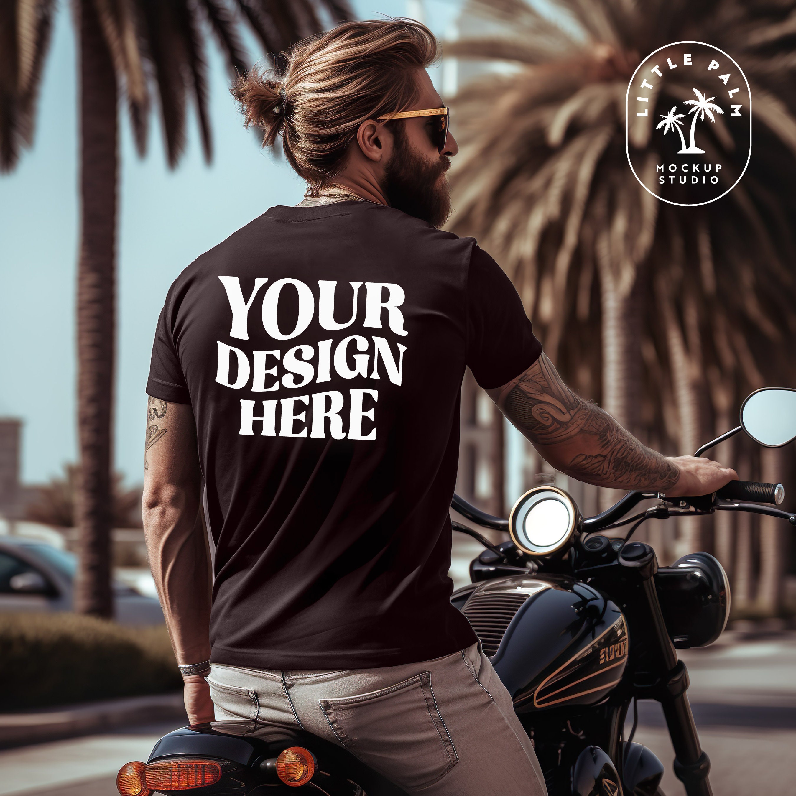 Black Gildan 64000 Back Mockup | Gildan Men Back Mockup | Back View Shirt Mockup | Male Mockup | Beach Vibe |  Lifestyle | Motorcycle Mockup