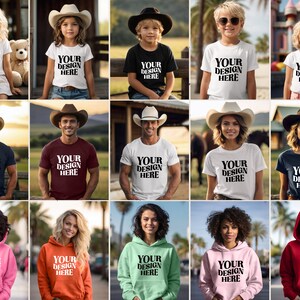 May include: A collage of images featuring various people wearing different styles of t-shirts and hoodies. The text "YOUR DESIGN HERE" is printed on each garment.
