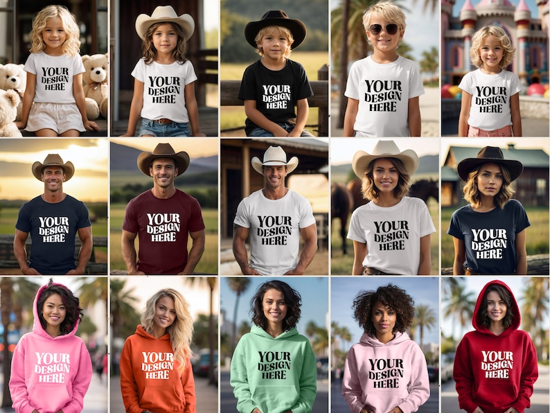 May include: A collage of images featuring various people wearing different styles of t-shirts and hoodies. The text "YOUR DESIGN HERE" is printed on each garment.