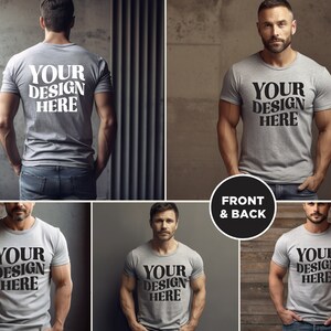 May include: A gray t-shirt mockup with the text "YOUR DESIGN HERE" printed on the front and back. The shirt is being modeled by a person standing in front of a brick wall and a concrete wall.