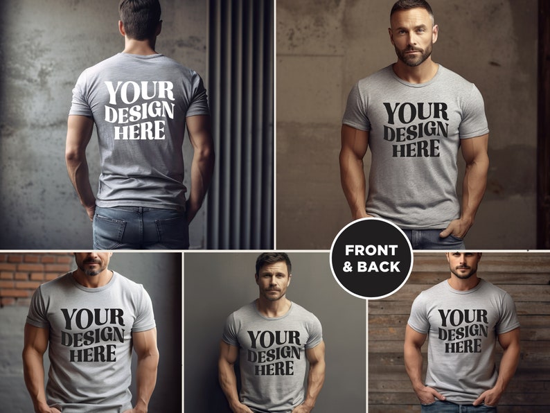 May include: A gray t-shirt mockup with the text "YOUR DESIGN HERE" printed on the front and back. The shirt is being modeled by a person standing in front of a brick wall and a concrete wall.
