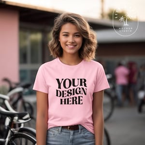 Pink | Bella Canvas 3001Y Mockup | Youth TShirt Mockup Girls 3001 Tshirt Mock | School Outdoor Youth T-Shirt Mock up | Unisex Barbie Tshirt