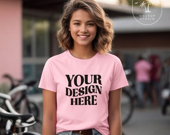 Pink | Bella Canvas 3001Y Mockup | Youth TShirt Mockup Girls 3001 Tshirt Mock | School Outdoor Youth T-Shirt Mock up | Unisex Barbie Tshirt