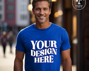 Royal Blue Gildan 5000 Mens T-Shirt Mockup Gildan Shirt Mockup Casual Basic Male Mockup Cool Dad Outdoor Lifestyle Mockup Blue Front mockup