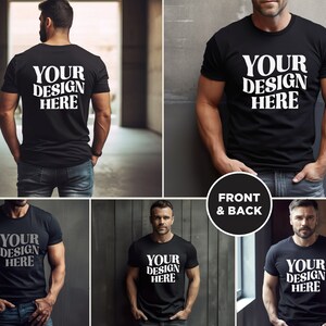 May include: A black t-shirt with the text "YOUR DESIGN HERE" printed in white on the front and back. The shirt is being modeled by a person wearing blue jeans.