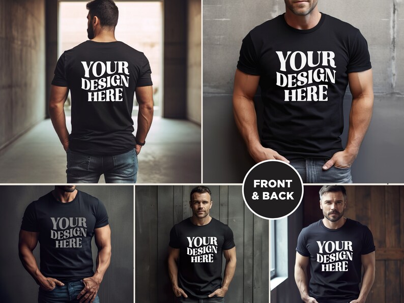 May include: A black t-shirt with the text "YOUR DESIGN HERE" printed in white on the front and back. The shirt is being modeled by a person wearing blue jeans.
