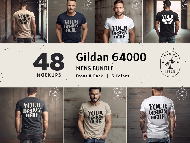 May include: 48 mockups of a Gildan 64000 t-shirt in various colors. The mockups show the t-shirt from the front and back, with a person wearing the shirt in each image.