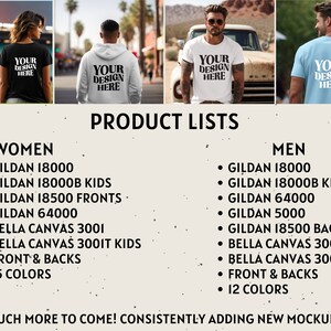 May include: Product list for t-shirts with the text "Your Design Here" on a white background. The list includes Gildan 18000, Gildan 18000B Kids, Gildan 18500 Fronts, Gildan 64000, Bella Canvas 3001, Bella Canvas 300IT Kids, Front & Backs, 15 Colors, Gildan 18000, Gildan 18000B Kids, Gildan 64000, Gildan 5000, Gildan 18500 Backs, Bella Canvas 3001, Bella Canvas 300IT Kids, Front & Backs, 12 Colors.