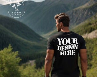 Zwart Bella Canvas 3001 Mockup Heren TShirt Mockup | Achteraanzicht mockup | Heren t-shirt mockup | Buiten | Bergvibes | Natuur, wandelen, kamperen