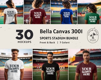 Bella Canvas 3001 Tshirt Mockup Bundle | Front and Back View Mockups | Sports Stadium | Men and Women Lifestyle Mock ups | Athlete Mockup