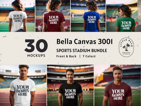 Bella Canvas 3001 Tshirt Mockup Bundle | Front and Back View Mockups | Sports Stadium | Men and Women Lifestyle Mock ups | Athlete Mockup
