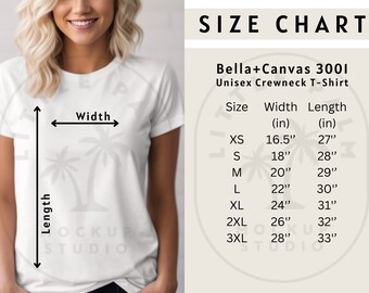 Bella Canvas 3001 Size Chart Mockup Shirt- Sizing Bella Canvas - Unisex Size Chart - Size Chart | Bella and Canvas 3001 Size Chart Mock up