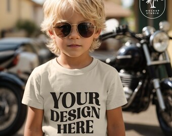 Kids Bella Canvas 3001T Natural TShirt Mockup Kids Shirt Mockup Cool Boys T-Shirt Mockup Boys 3001 Motorbike Mockup Toddler Summer Mockups