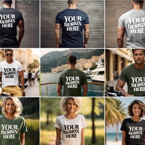 May include: A collection of nine t-shirt mockups featuring different models wearing various colors and styles of t-shirts. Each shirt has the text "YOUR DESIGN HERE" printed on the front.