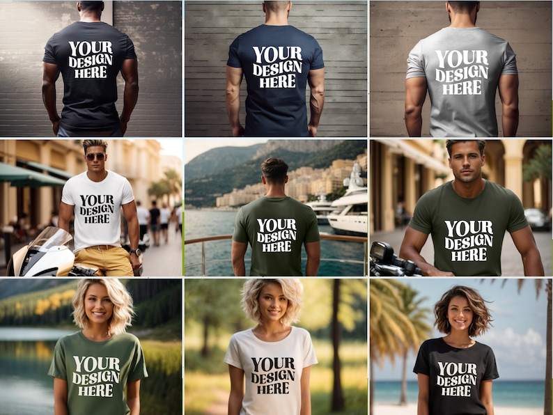 May include: A collection of nine t-shirt mockups featuring different models wearing various colors and styles of t-shirts. Each shirt has the text "YOUR DESIGN HERE" printed on the front.
