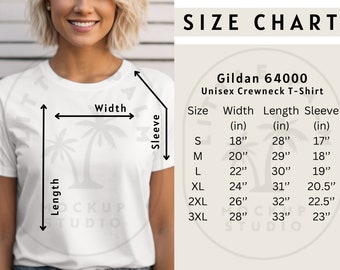 Gildan 64000 Size Chart Mockup T-Shirt | Sizing Gildan | Unisex Size Chart Mock | Size Chart | Gildan 64000 TShirt Size Chart G640 Mock Up