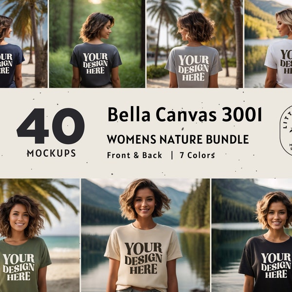 Lot de maquettes de t-shirt 3001 en toile Bella | Vue arrière | Maquettes avant et arrière | Maquettes naturelles | Extérieur | Maquettes pour femmes | Naturel basique