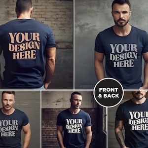 May include: A navy blue t-shirt mockup with the text "YOUR DESIGN HERE" printed on the front and back. The t-shirt is being modeled by a person with a beard.